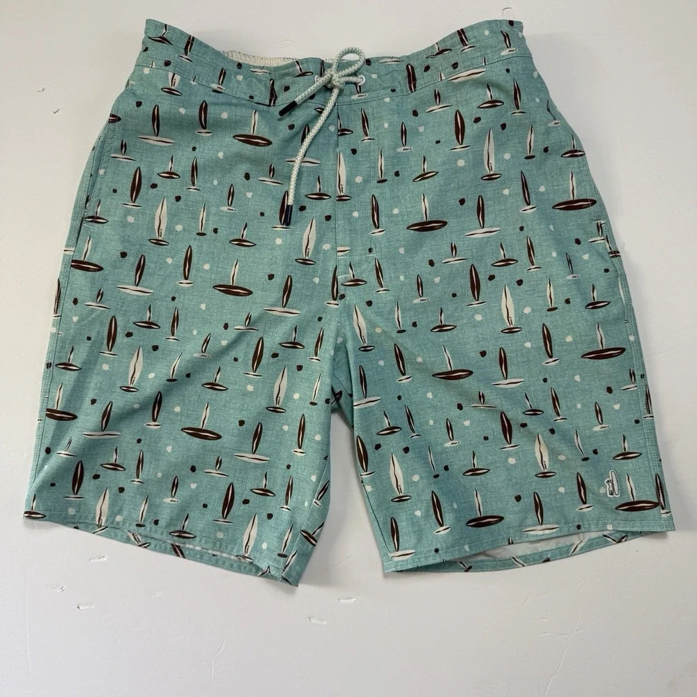 Johnnie-O Mens Nauttical Surfboard Print Swim Trunks Blue‎ Size L Preppy Coastal